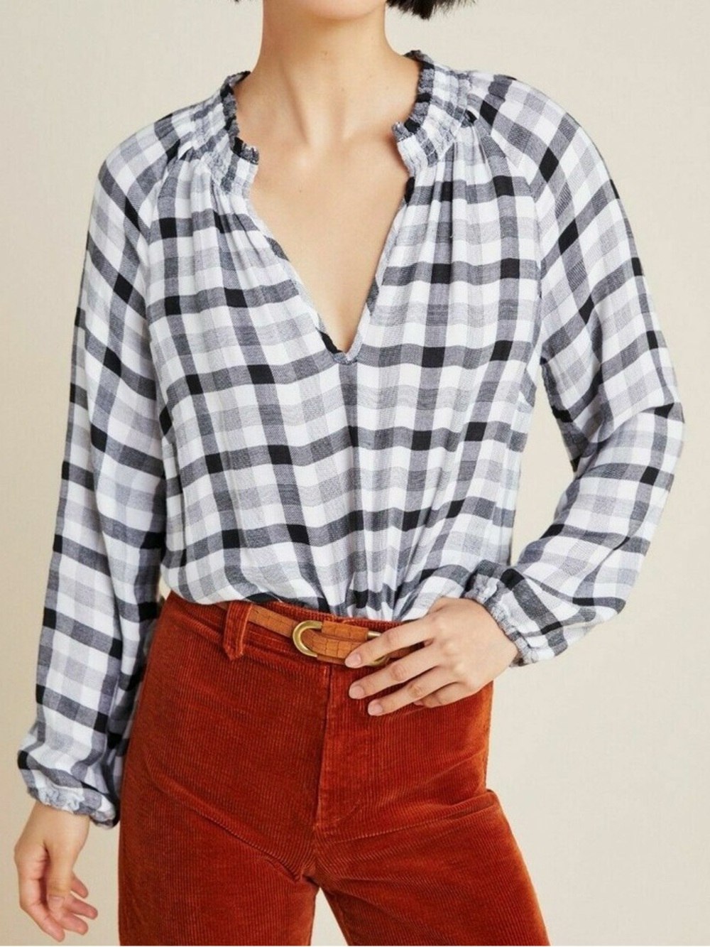 Anthropologie Cloth & Stone Flannel Plaid Ruffle Neck Top Casual Relaxed Size M